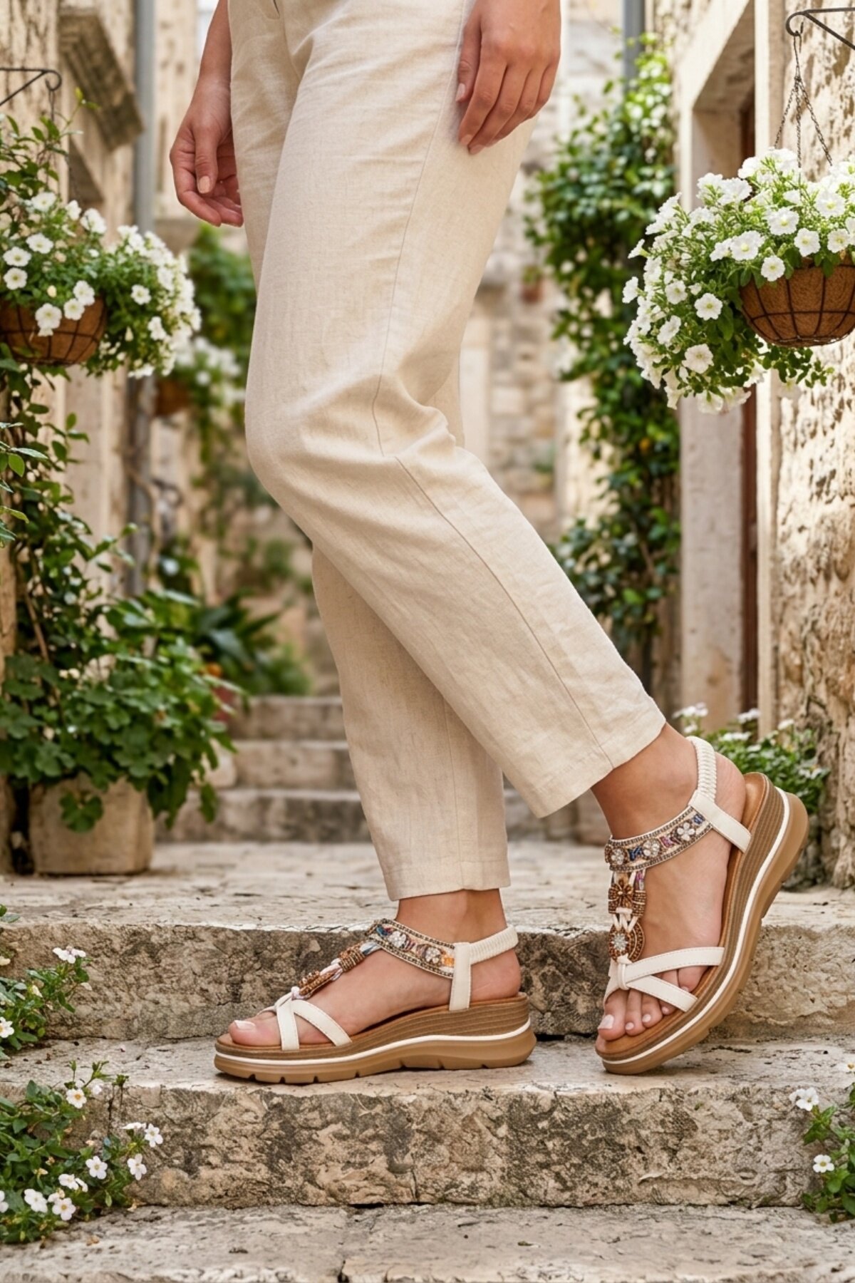 Voyager Beyaz Voyager Hakiki Deri Taş İşlemeli Kadın Sandalet B481 Z