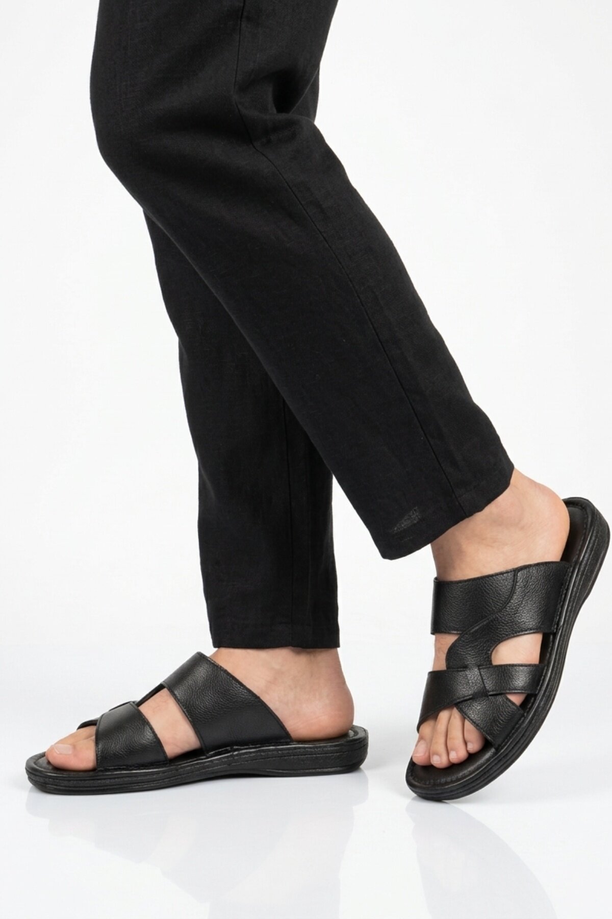 A Spor Siyah A Spor Hakiki Deri Erkek Düz Terlik