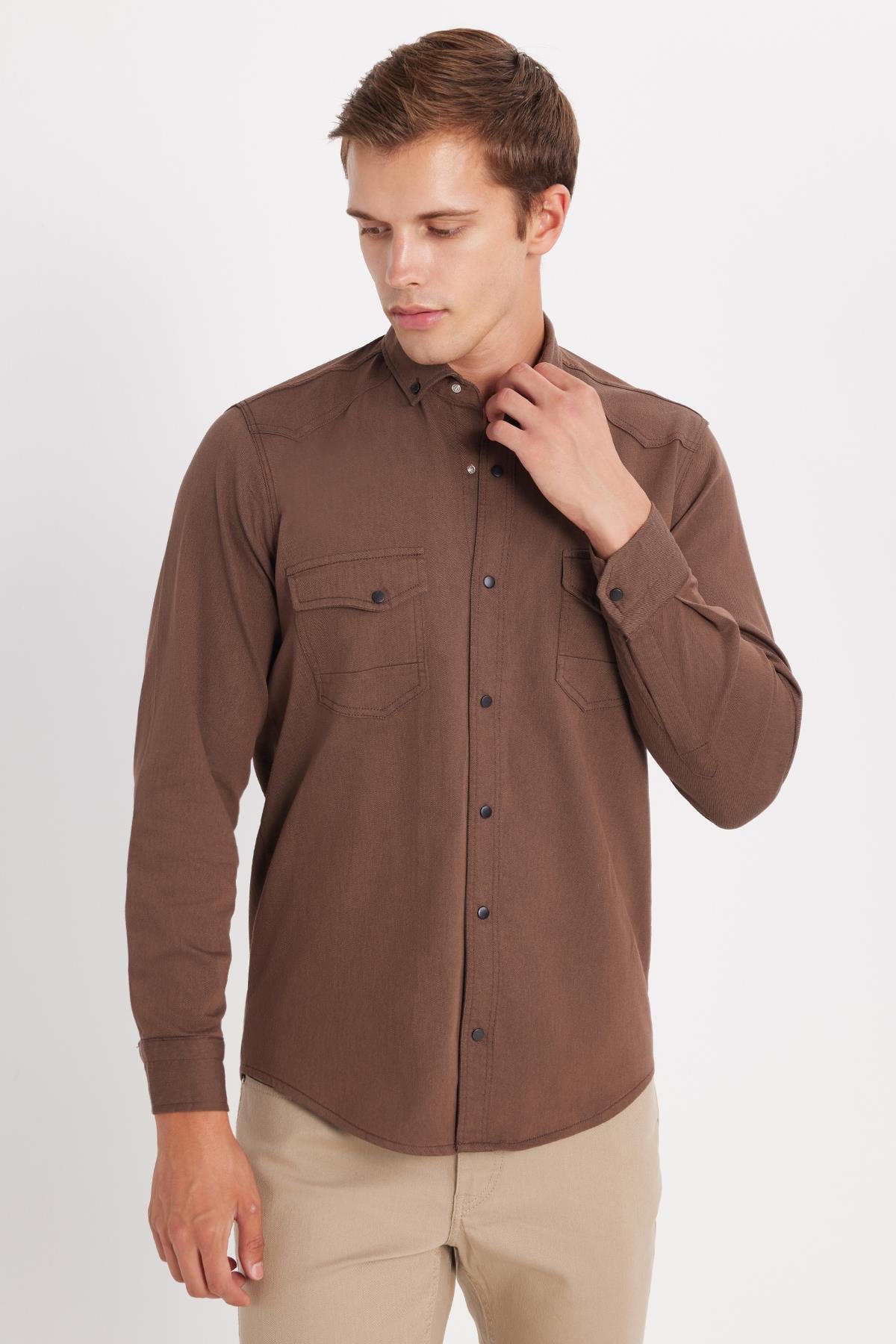 tdfオリーブ36 Slim Fit Dar Kesim Uzun Kollu %100 Pamuk Keten Doku Gömlek - TUDORS