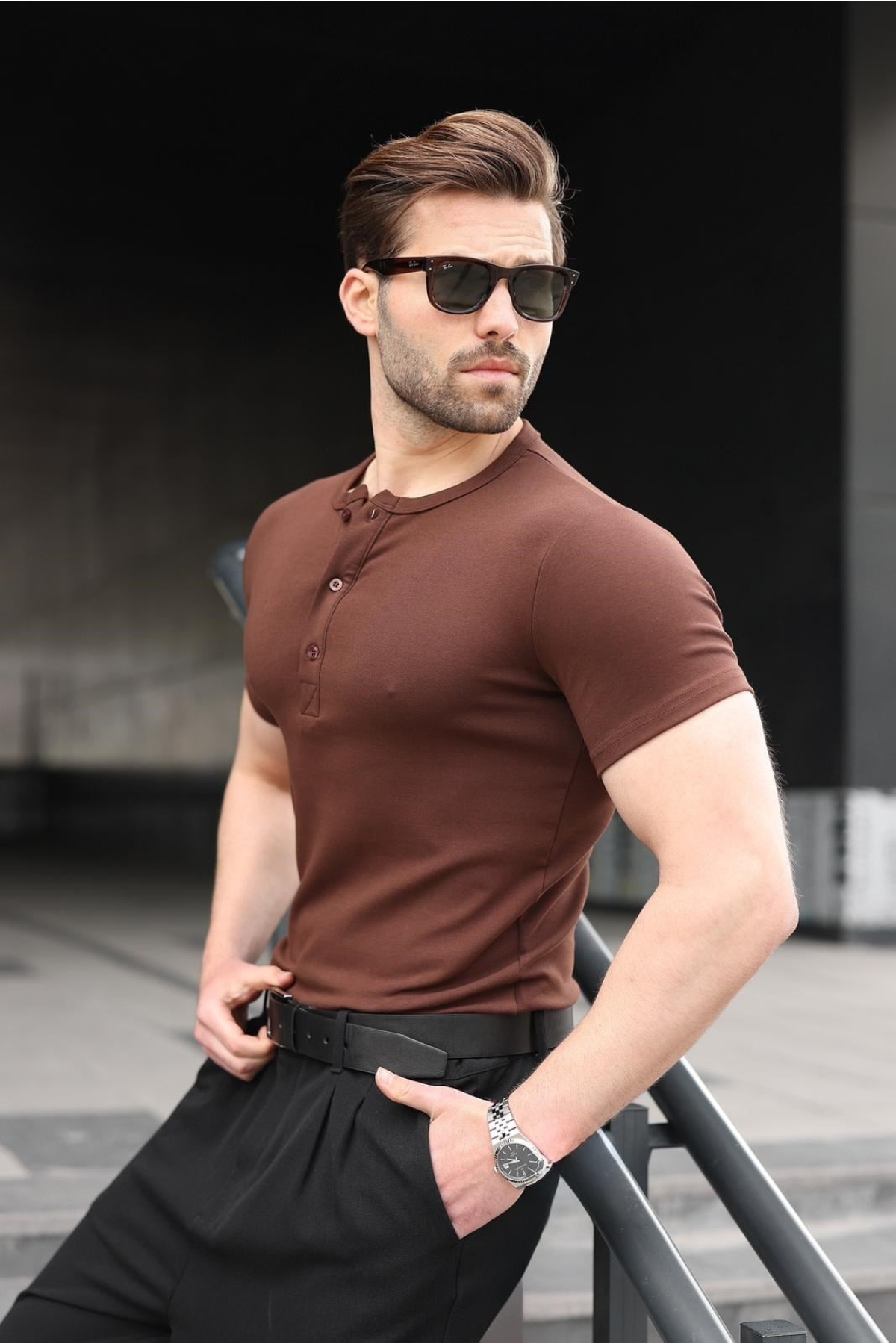 Acı Kahverengi Yarım Düğmeli Slim Fit Erkek Tişört E7186 Fiyatları