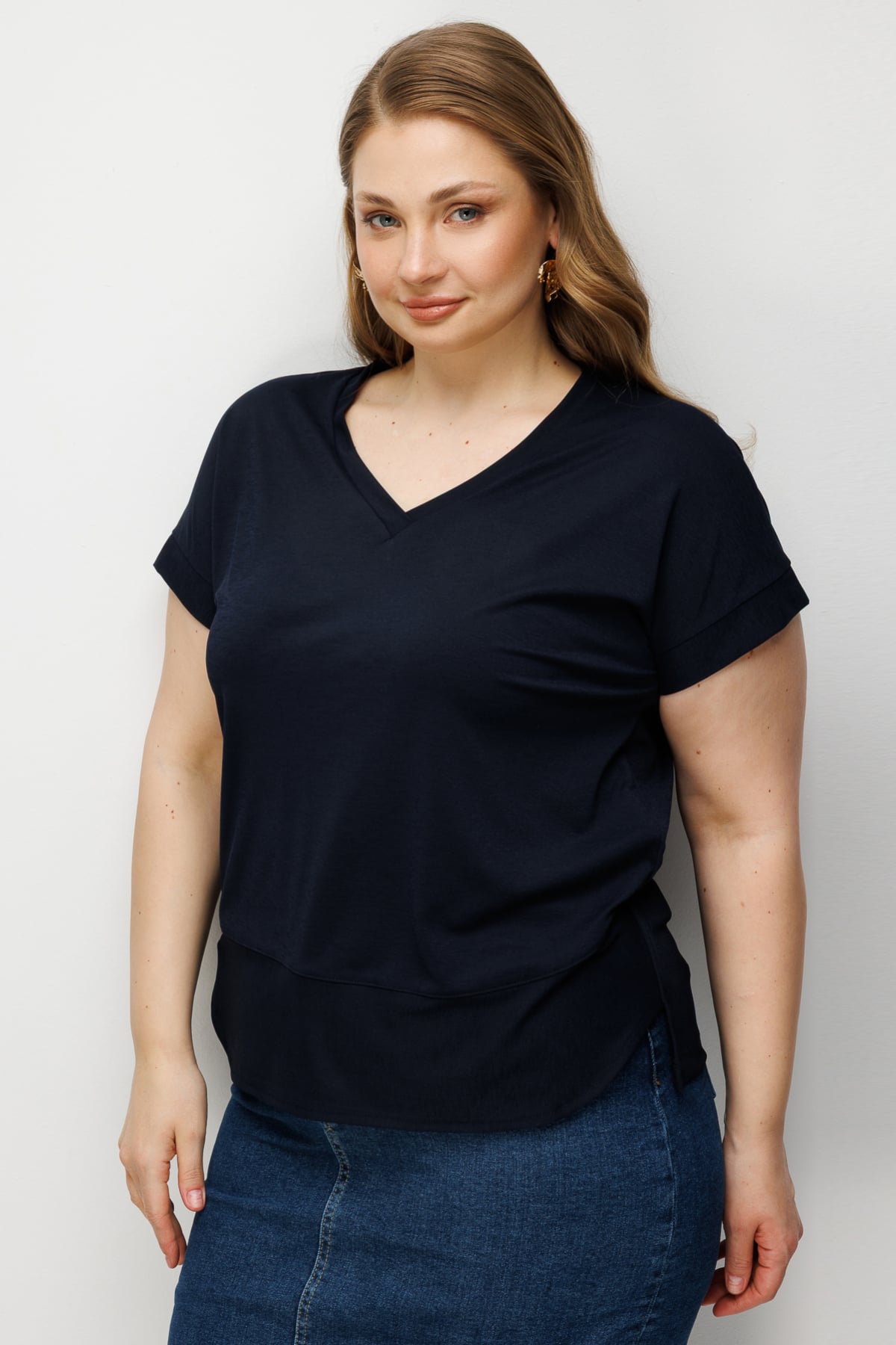 Kadın Büyük Beden V Yaka Parçalı T-Shirt 71476 Lacivert Fiyatları
