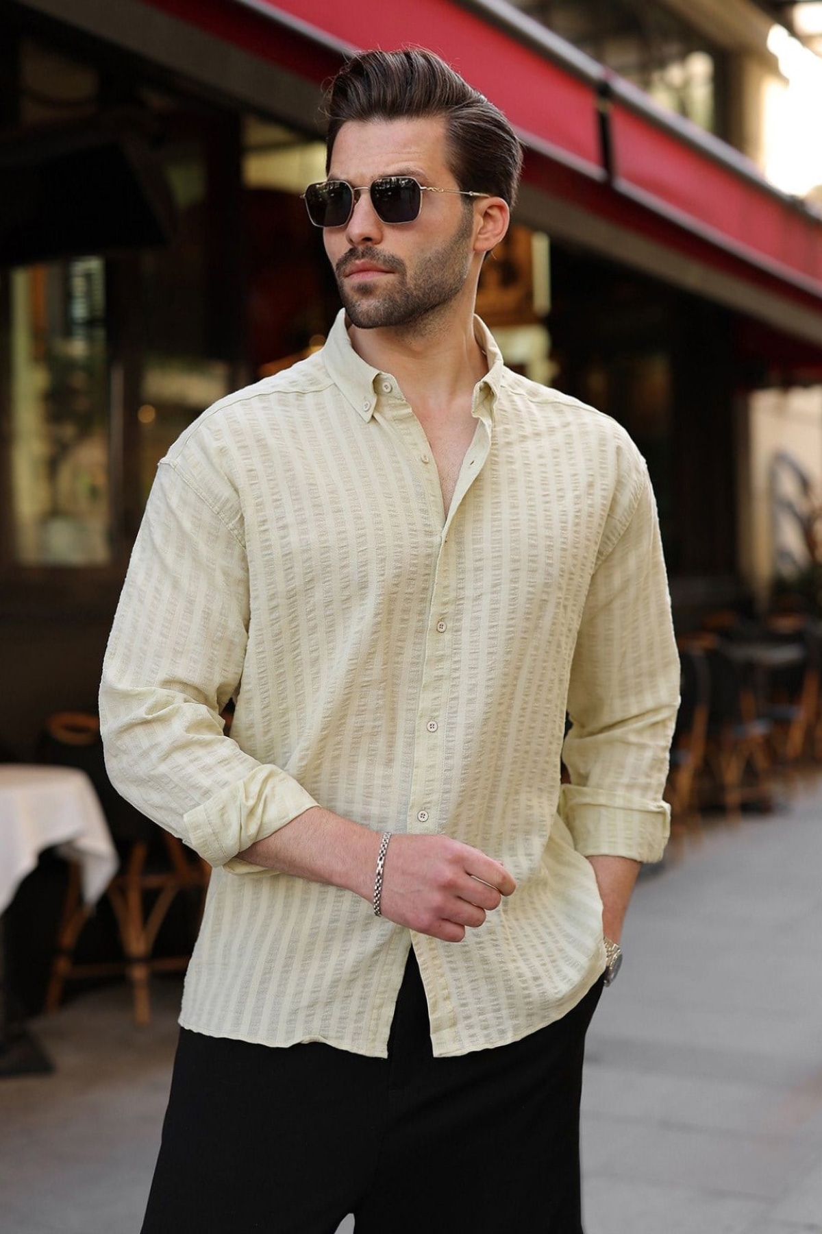 Mint Yeşili %100 Pamuklu Çizgili Keten Erkek Gömlek E6774