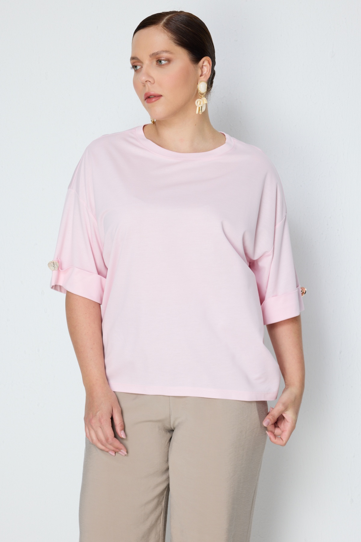 Kadın Büyük Beden Süs Düğmeli Yarım Kollu Bluz 71490 Pembe