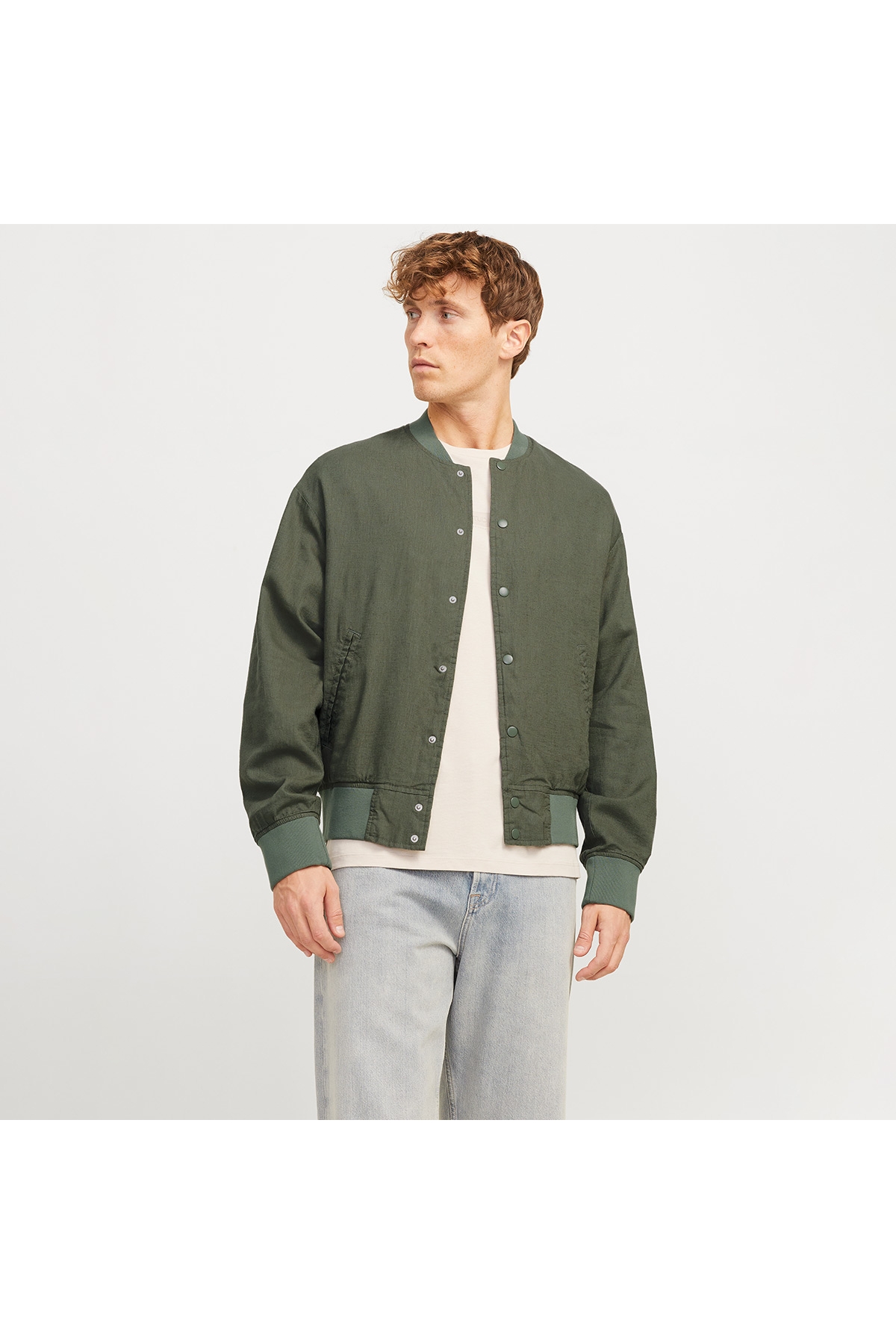 Jack &amp; Jones Jack & Jones Jack&Jones Ario Linen Bomber Erkek Haki Yuvarlak Yaka Ceket