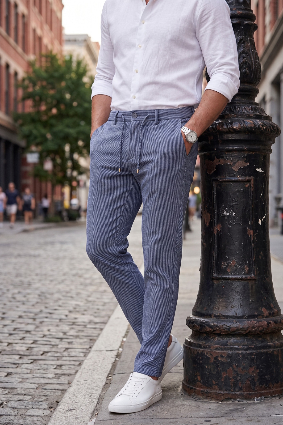 DeepSEA Erkek Slim Fit Çizgili Mavi Kumaş Pantolon – İpli Esnek