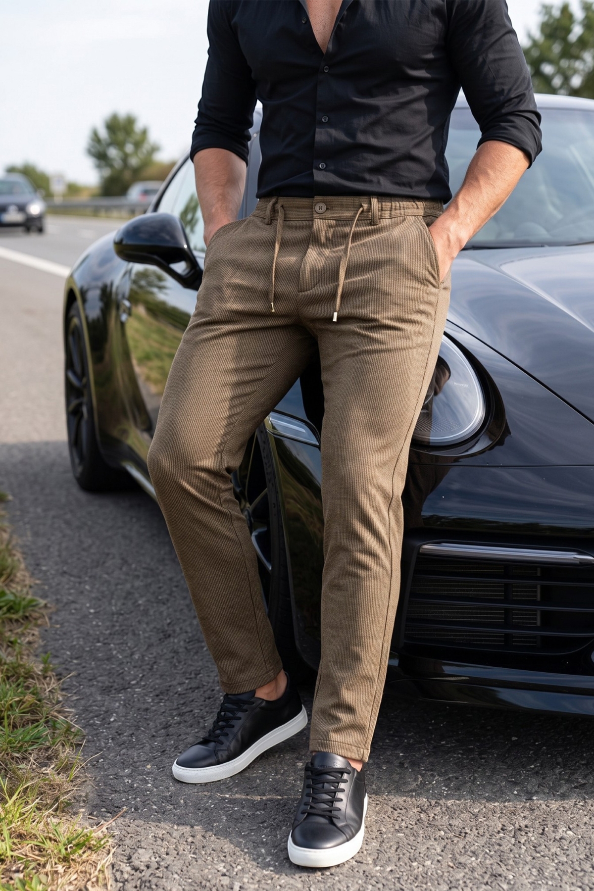 DeepSEA Erkek Slim Fit Çizgili Açık Kahve Kumaş Pantolon – İpli