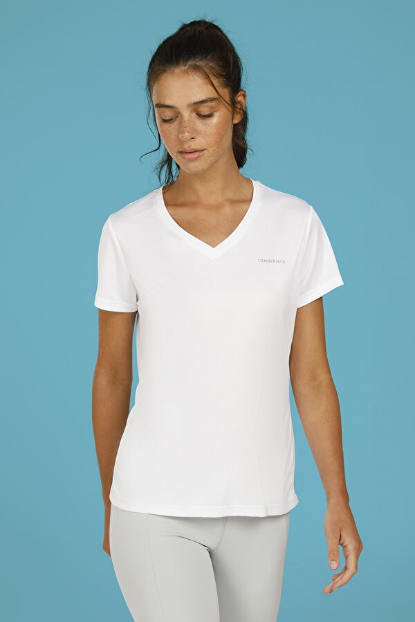 CT127 BASIC PES V NECK T- Beyaz Kadın Kısa Kol T-Shirt