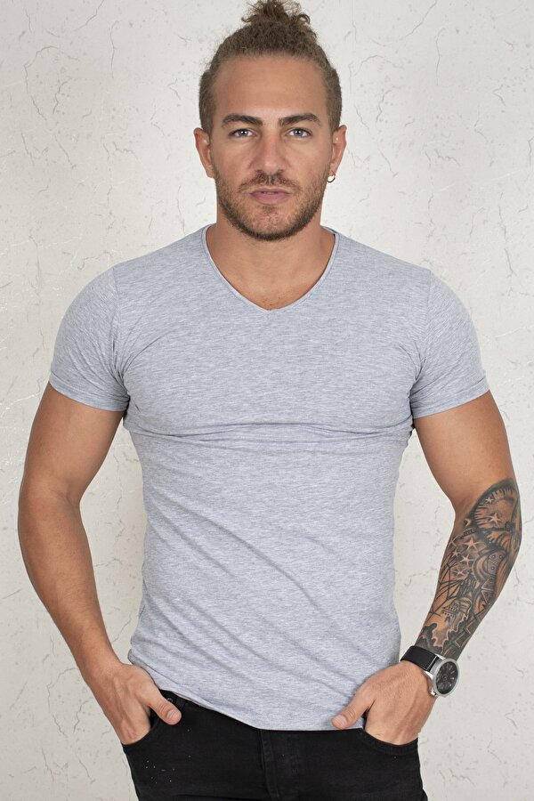 Erkek Gri V Yaka Düz Tişört