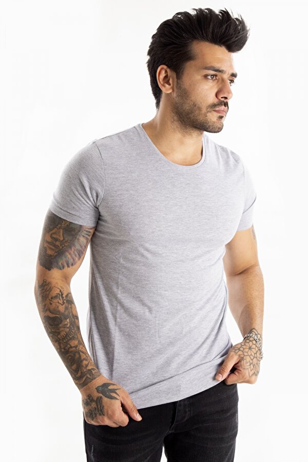 Erkek Gri Sıfır Yaka Basic Tişört