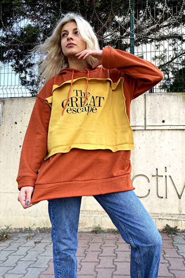 Uzun Kollu Collage Unisex Turuncu Oversize Sweatshirt