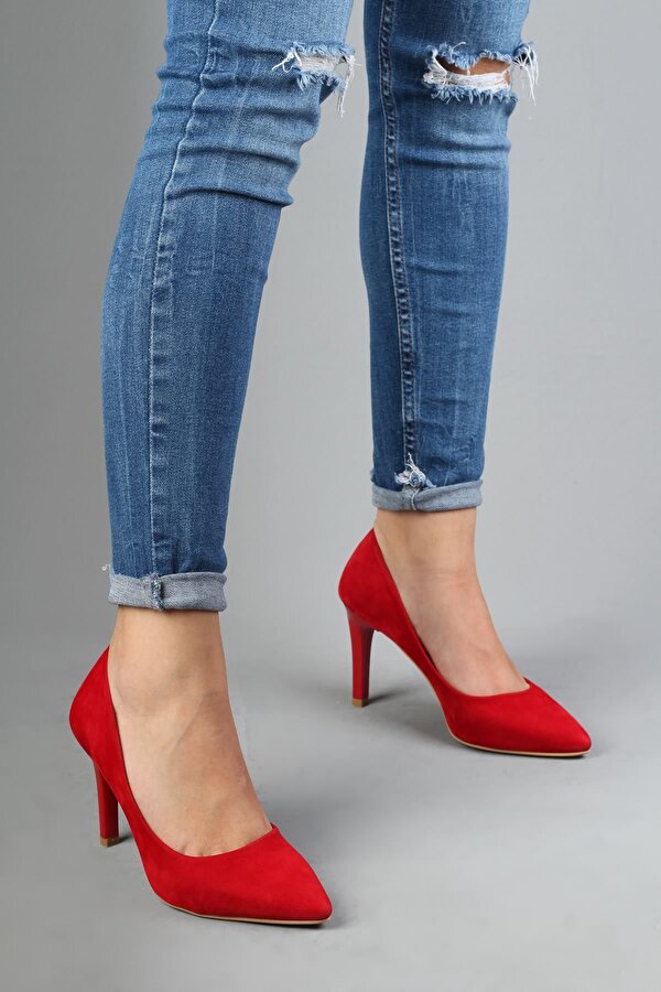Kadın Kırmızı Süet Stiletto Topuklu Ayakkabı - Anger