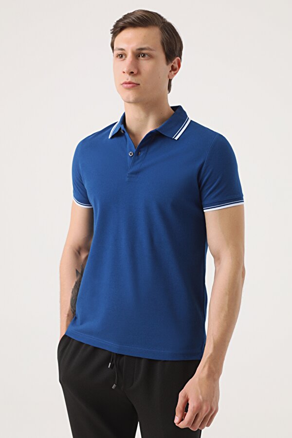 Slim Fit Saks Mavi Pike Dokulu T-shirt