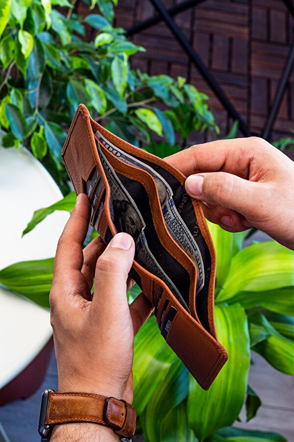 Western % 100 Hakiki Deri Mıknatıs Kapaklı Cüzdan Taba