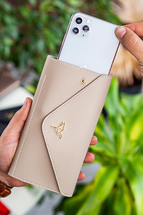 Envelope Telefon ve Bozuk Para Bölmeli Zarf Model Kadın Cüzdan Bej