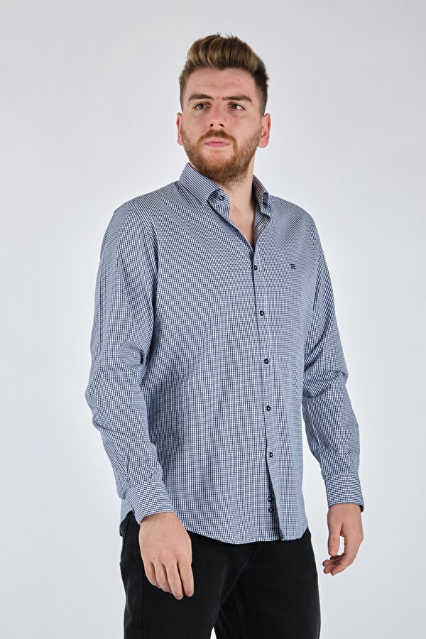 Düz Yaka Ekose Desenli Uzun Kollu Lacivert Erkek Gömlek 50982121
