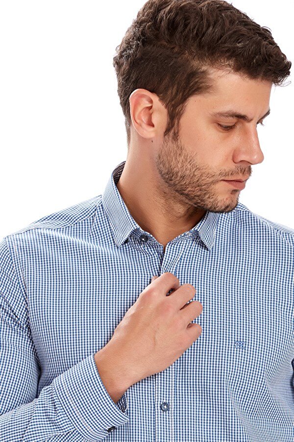 Düz Yaka Ekose Desenli Uzun Kollu Lacivert Erkek Gömlek 50982121