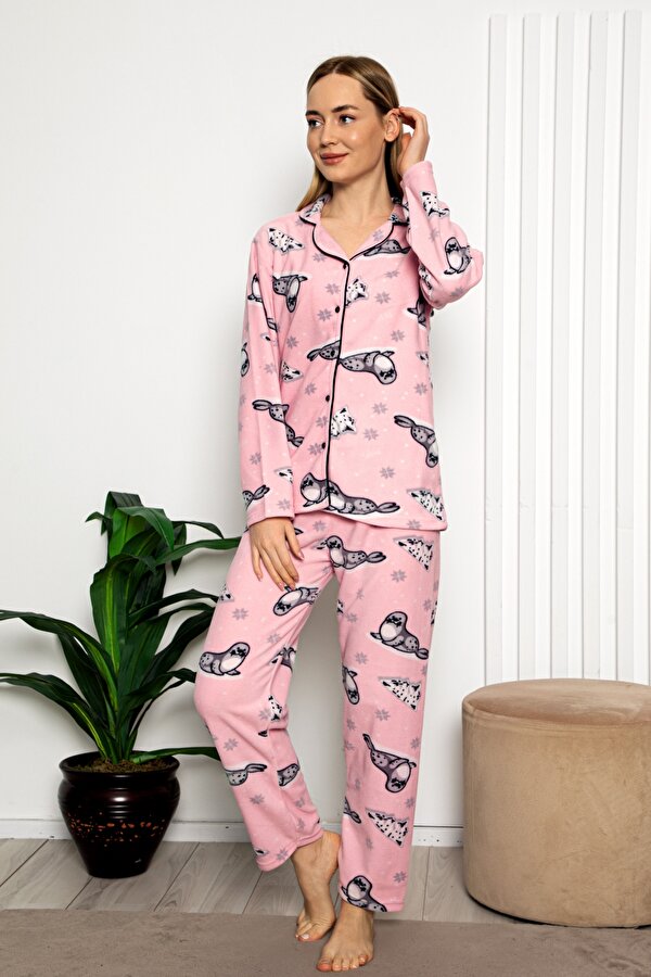 Bayan Kışlık Welsoft Peluş İnci Polar Düğmeli Pijama Takımı  İpeksi Doku 