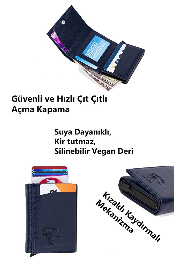Adelina Erkek Lacivert Deri Mekanizmalı Otomatik Kızaklı Kartlık Cüzdan