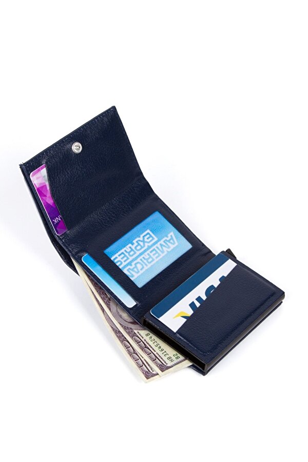 Adelina Erkek Lacivert Deri Mekanizmalı Otomatik Kızaklı Kartlık Cüzdan