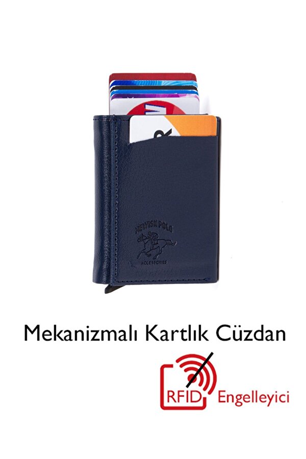 Adelina Erkek Lacivert Deri Mekanizmalı Otomatik Kızaklı Kartlık Cüzdan