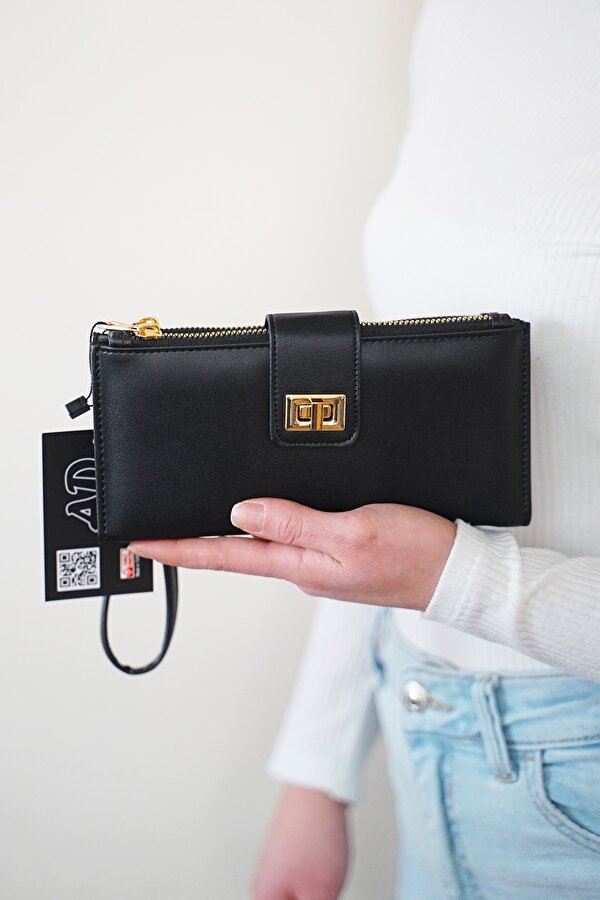 Kadın Siyah Venesia Telefon Kağıt Bozuk Para Bölmeli Kartlık Kilitli Bilek Askılı Portföy Cüzdan