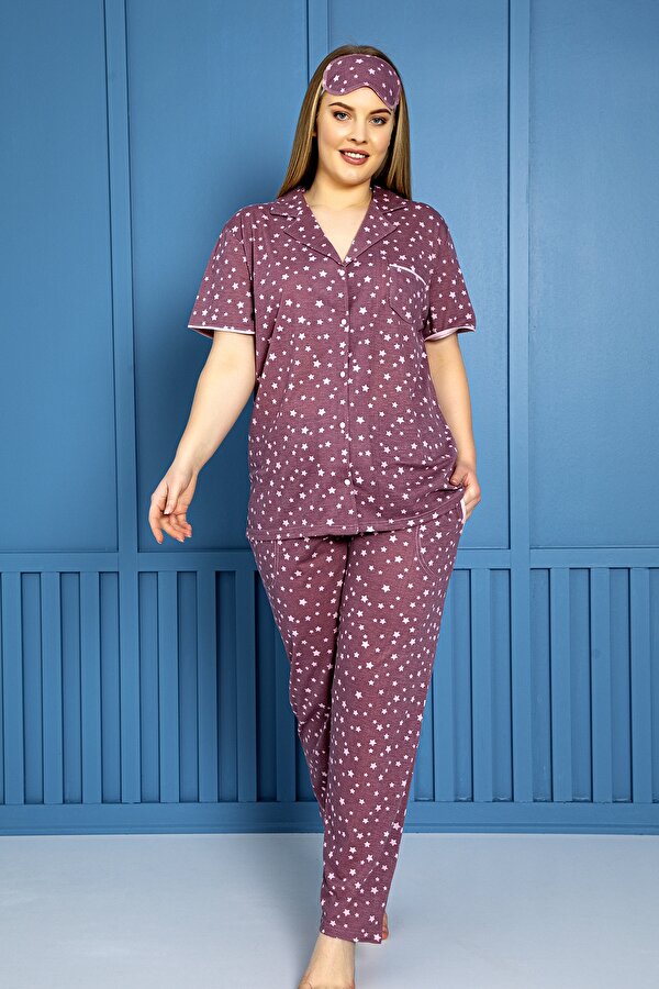 Büyük Beden Mevsimlik Önden Düğmeli Bayan Pijama Takımı