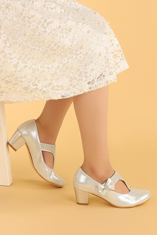 Kiko 755 Vakko Günlük Kız Çocuk 4 Cm Topuk Babet Ayakkabı Gümüş
