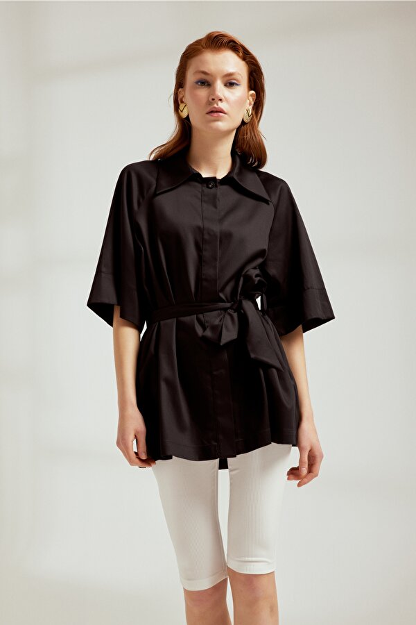 Gömlek Yaka Uzun Kollu Siyah Kadın Ceket 22141614