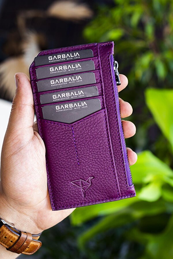 Blush Hakiki Deri Fermuarlı Unisex Kartlık Cüzdan Mürdüm