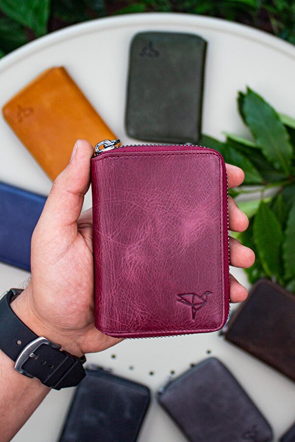 Fargo Vintage Deri Fermuarlı Unisex Kartlık Cüzdan Bordo