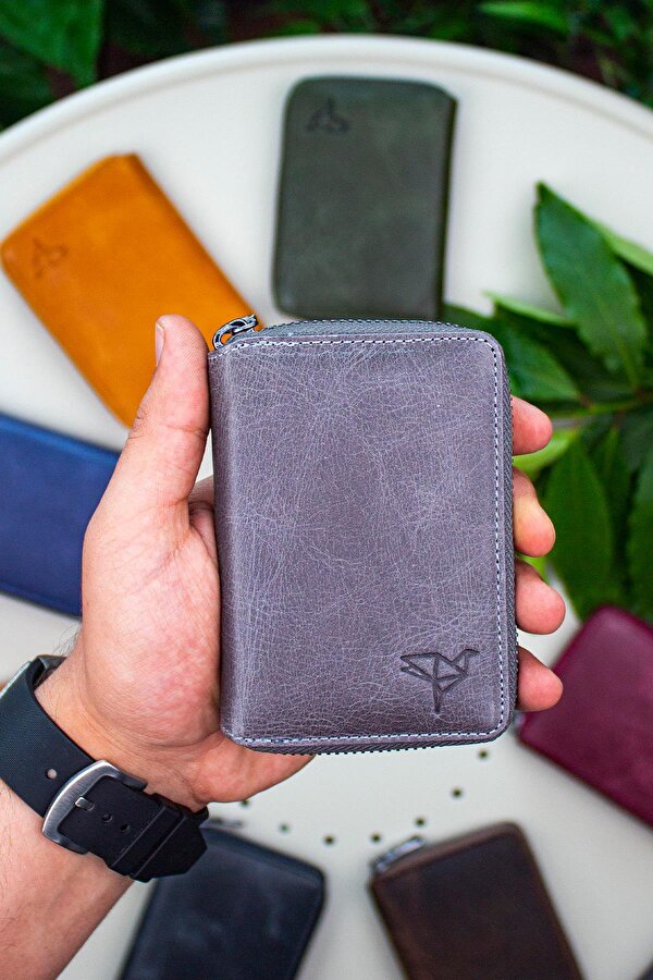 Fargo Vintage Deri Fermuarlı Unisex Kartlık Cüzdan Gri