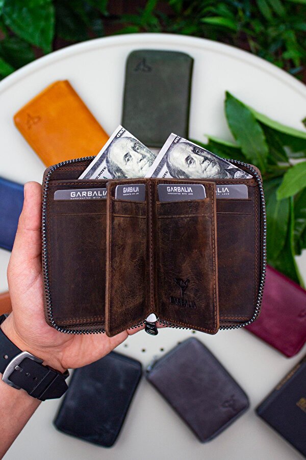 Fargo Vintage Deri Fermuarlı Unisex Kartlık Cüzdan Kahverengi