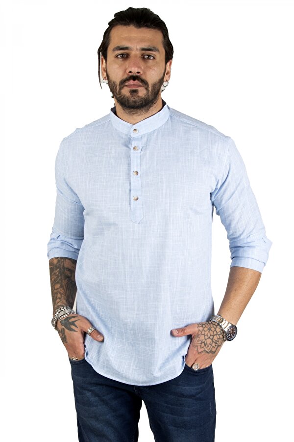 DeepSEA Erkek Mavi Yarım Düğmeli Çizgili Hakim Yaka Ham Keten Uzun Kollu Gömlek 2201914