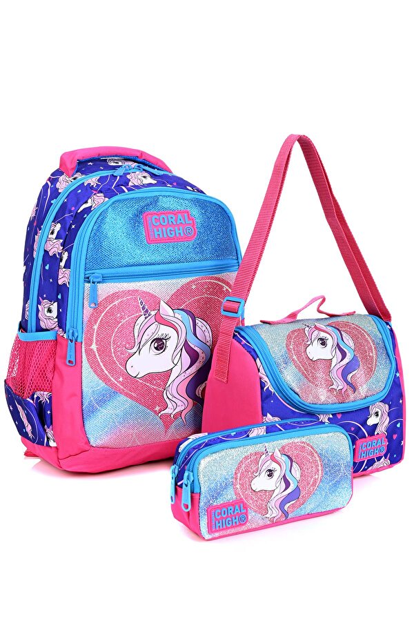 23492 Mor Unicorn Desenli 3  Lü Okul Çantası Seti