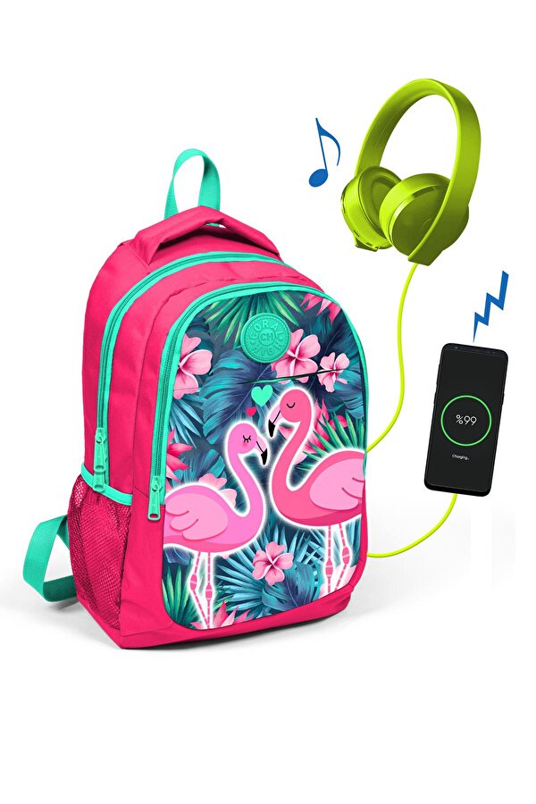Kids Neon Mercan Flamingolu Üç Bölmeli USB Şarjlı Kulaklık Çıkışlı Sırt Çantası 23416