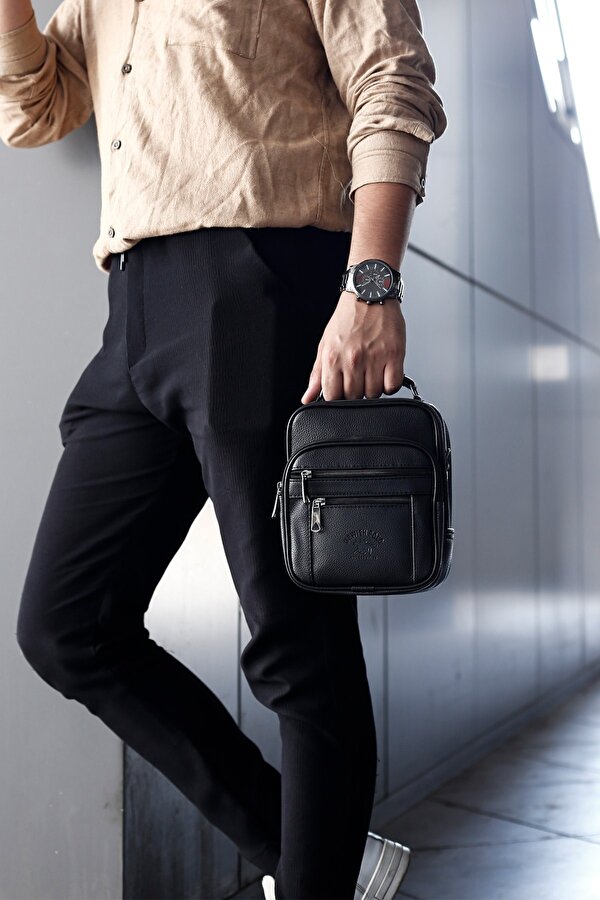 Erkek Küçük Boy Siyah Deri Çelik Kasalı El Ve Omuz Çantası