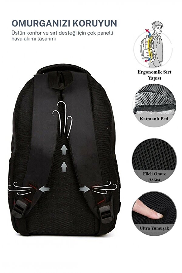 NEWİSH POLO 8112 UNİSEX OKUL SIRT ÇANTASI ÖĞRENCİ GÜNLÜK SEYAHAT TATİL SPOR YÜRÜYÜŞ SEYAHAT GEZİ KAMP GÜNLÜK SİYAH-KIRMIZI