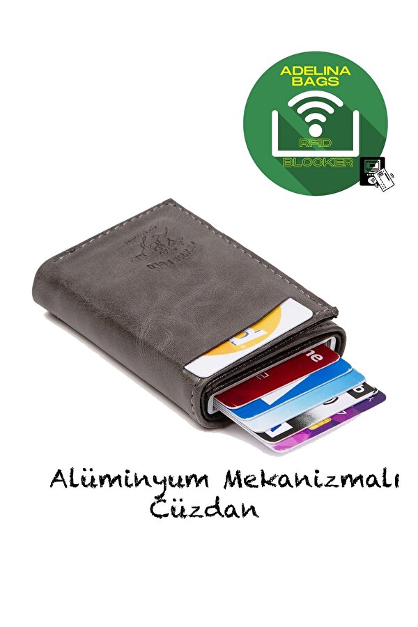 Adelina Unisex Gri Alüminyum Mekanizmalı Kızaklı Kartlık Cüzdan Aksesuar