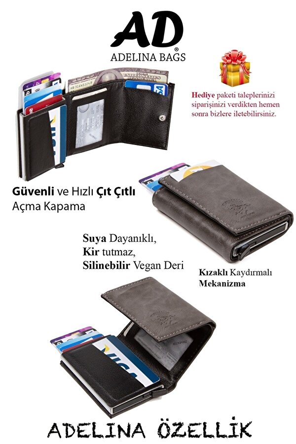 Adelina Unisex Gri Alüminyum Mekanizmalı Kızaklı Kartlık Cüzdan Aksesuar