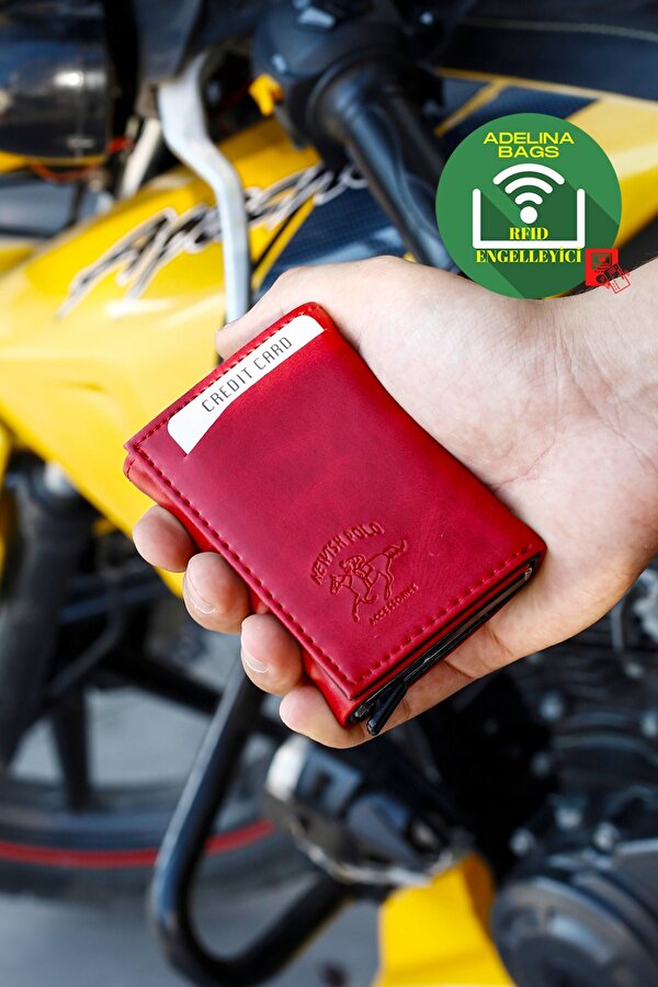 Adelina Unisex Kırmızı Alüminyum Mekanizmalı Kızaklı Kartlık Cüzdan Aksesuar