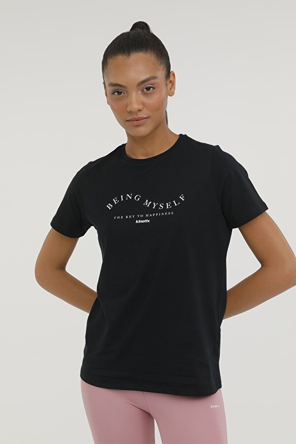 W-SDK211 RACHEL SLOGAN T- Siyah Kadın Kısa Kol T-Shirt