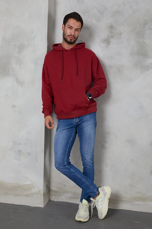Erkek Oversize Kapüşonlu Kanguru Cepli Ribanalı Uzun Kollu Basic Sweatshirt
