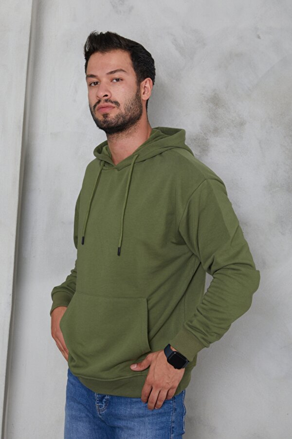 Erkek Oversize Kapüşonlu Kanguru Cepli Ribanalı Uzun Kollu Basic Sweatshirt