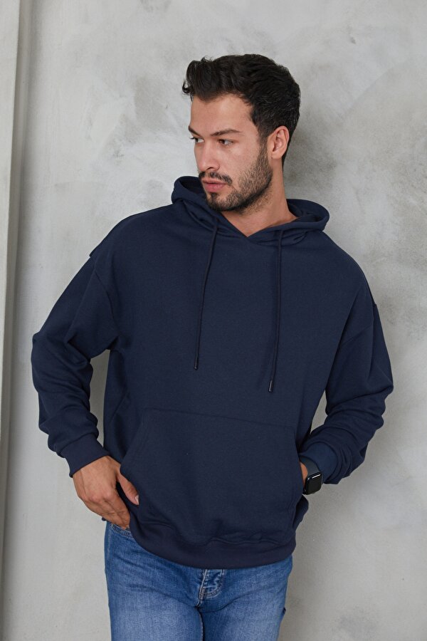Erkek Oversize Kapüşonlu Kanguru Cepli Ribanalı Uzun Kollu Basic Sweatshirt