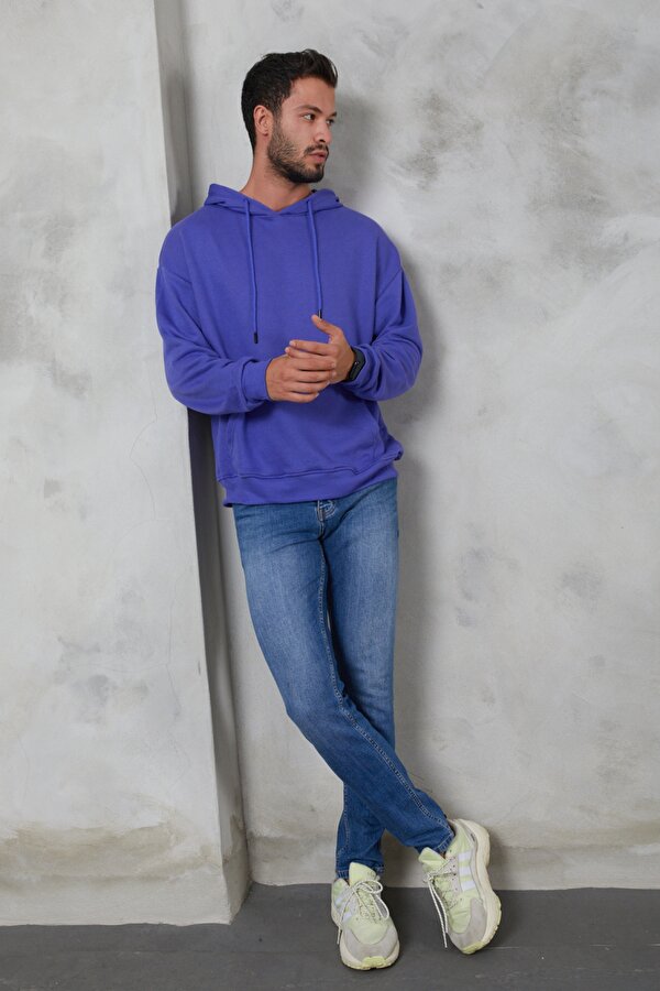 Erkek Oversize Kapüşonlu Kanguru Cepli Ribanalı Uzun Kollu Basic Sweatshirt