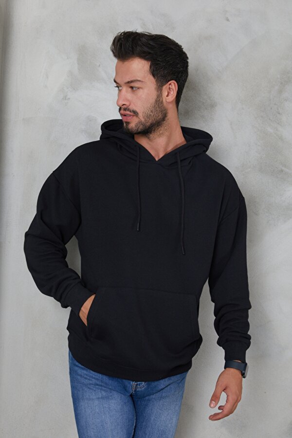 Erkek Oversize Kapüşonlu Kanguru Cepli Ribanalı Uzun Kollu Basic Sweatshirt
