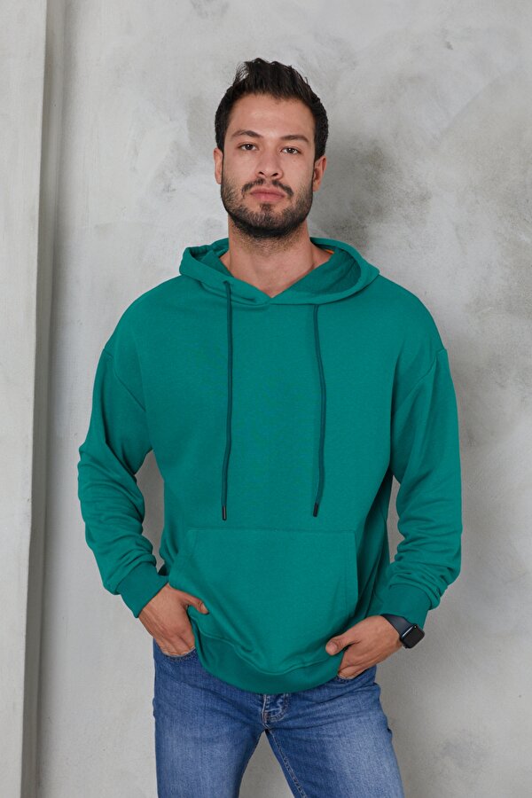 Erkek Oversize Kapüşonlu Kanguru Cepli Ribanalı Uzun Kollu Basic Sweatshirt