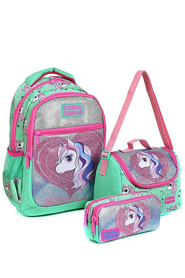 23496 Su Yeşili Unicorn Desenli 3  Lü Okul Çantası Seti