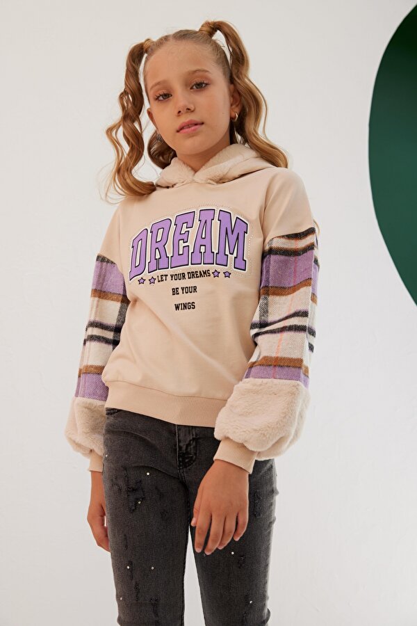 Kız Çocuk Let s Your Dreams Kolu Kürklü Ekose SweatShirt