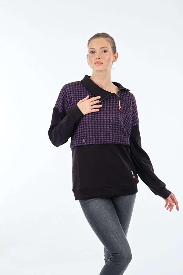 Gömlek Yaka Desenli Uzun Kollu Siyah Kadın Sweatshirt 22233303